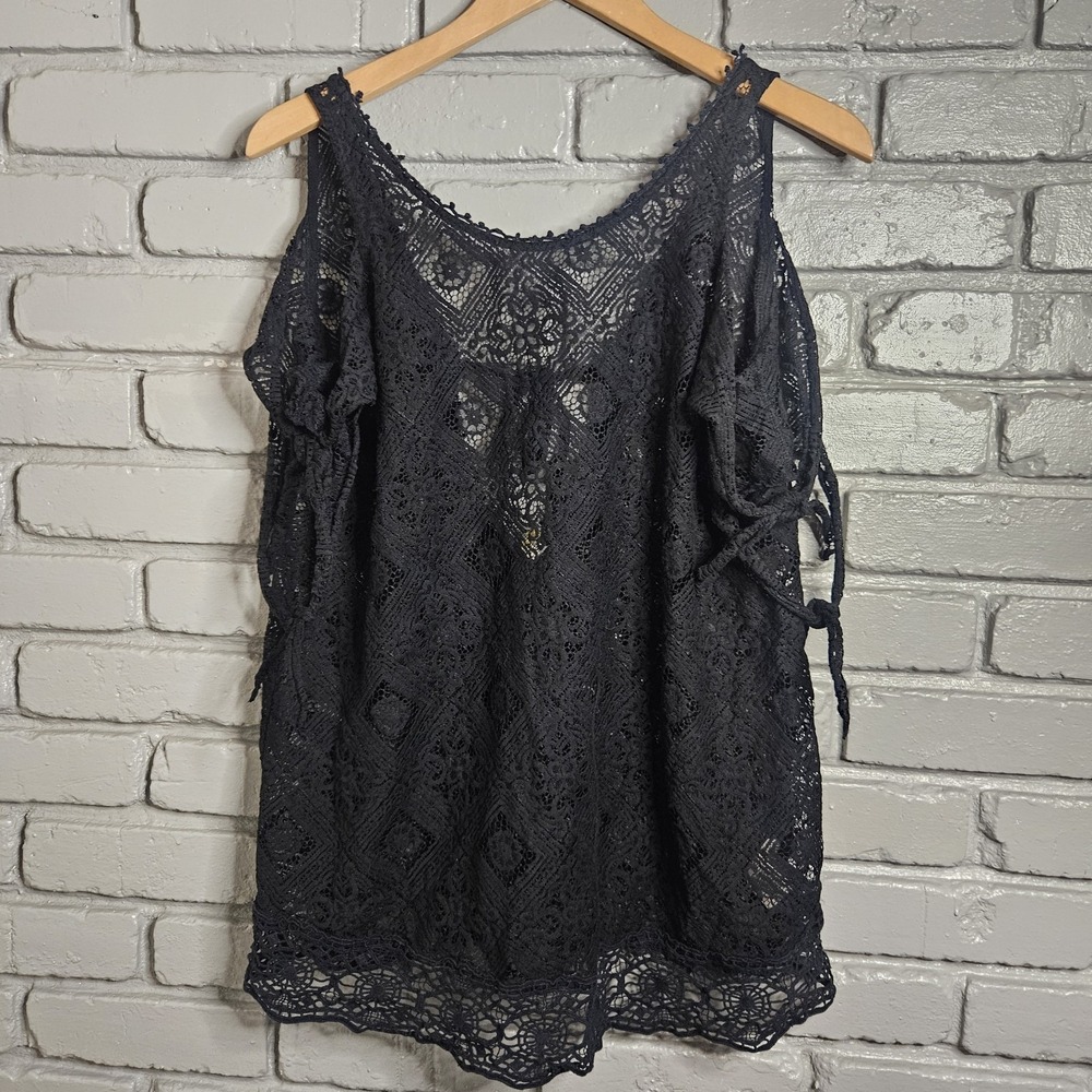 Free People Womens Shirt Small Lace Crochet Geo Sands Coverup‎ Beach Boho Black